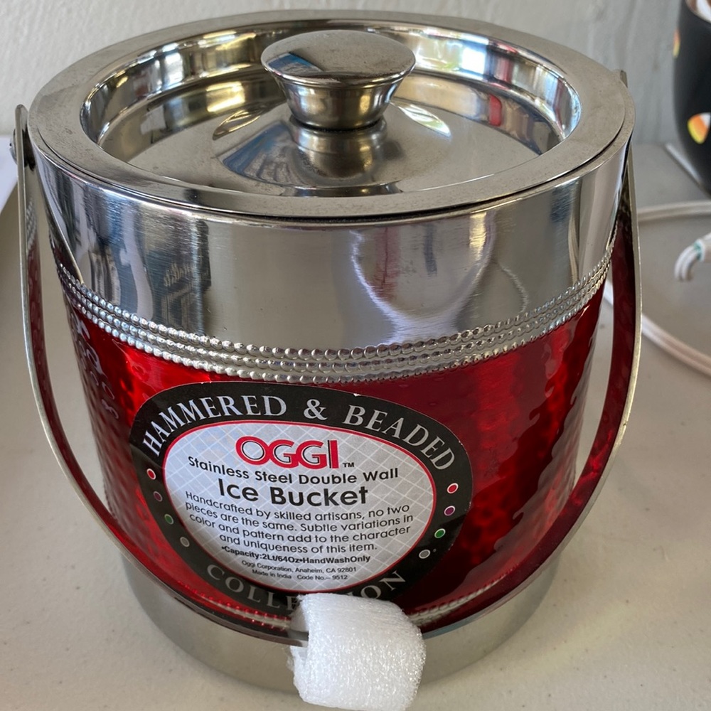 Ice Bucket Stainless Steel Polished Braided & Hammered Design,Red & Silver; NWT
